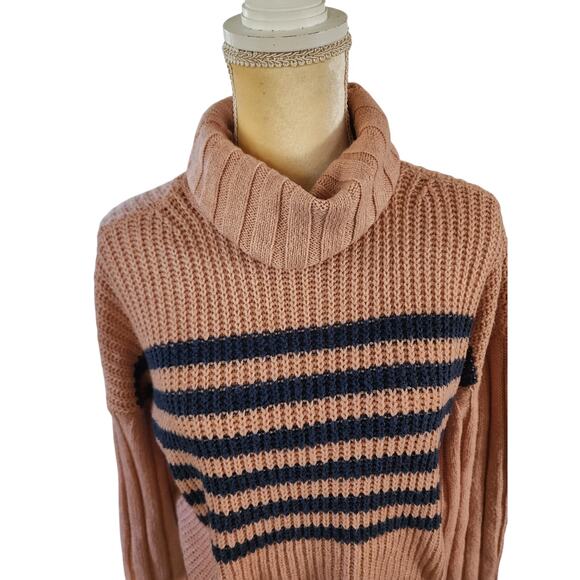 So Pink Blue Striped Ribbed  Pullover Turtle Neck Knit Sweater Small NWT - Picture 2 of 6
